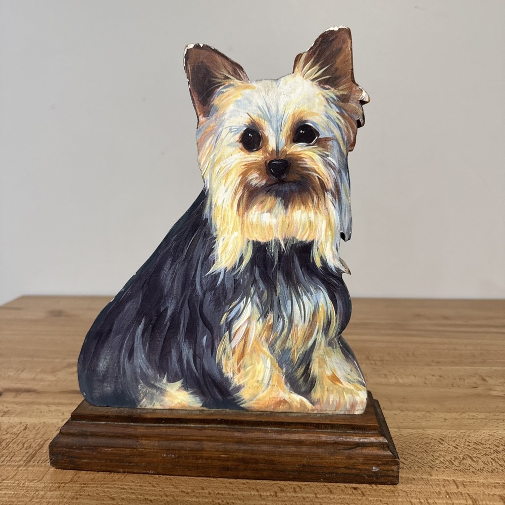 VTG Painted Wooden Carved Yorkshire Terrier Yorkie Dog Sculpture Figure 12"